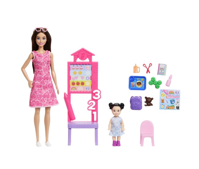 Barbie set de joaca papusa barbie bruneta cu rochie roz face cariera profesoara