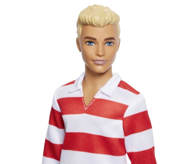 Barbie fashionistas papusa ken blond cu bluza polo dungi rosii albe