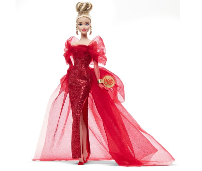 Barbie signature aniversare 80 de ani papusa barbie blonda cu rochie de bal rosie