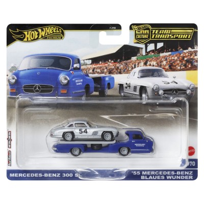 Hot wheels transportator  mercedes-benz 55 blaues wunder cu masinuta mercedes-benz 300 sl scara 1:64