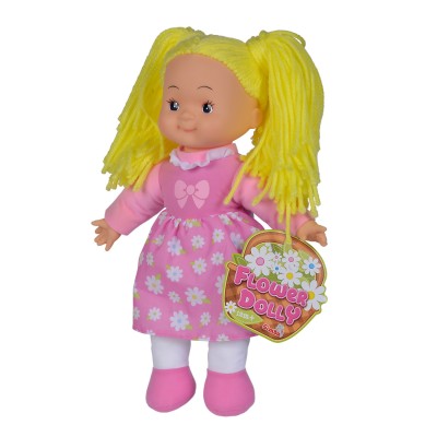 Papusa flower dolly din material textil 38cm cu parul galben
