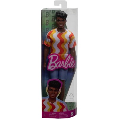 Barbie papusa baiat fashionistas cu tricou cu dungi albe si portocalii si aparate auditive