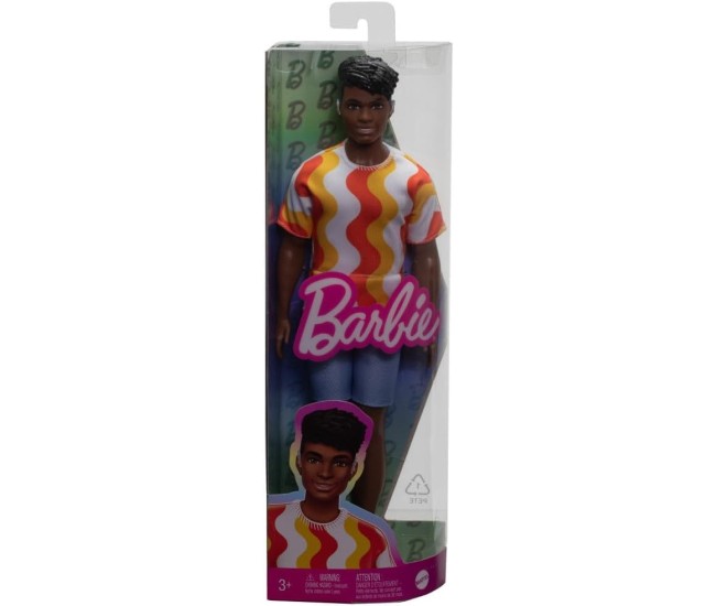 Barbie papusa baiat fashionistas cu tricou cu dungi albe si portocalii si aparate auditive Barbie papusa baiat fashionistas cu tricou cu dungi albe si portocalii si aparate auditive