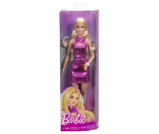 Barbie fashionistas papusa barbie blonda cu rochie roz metalizat