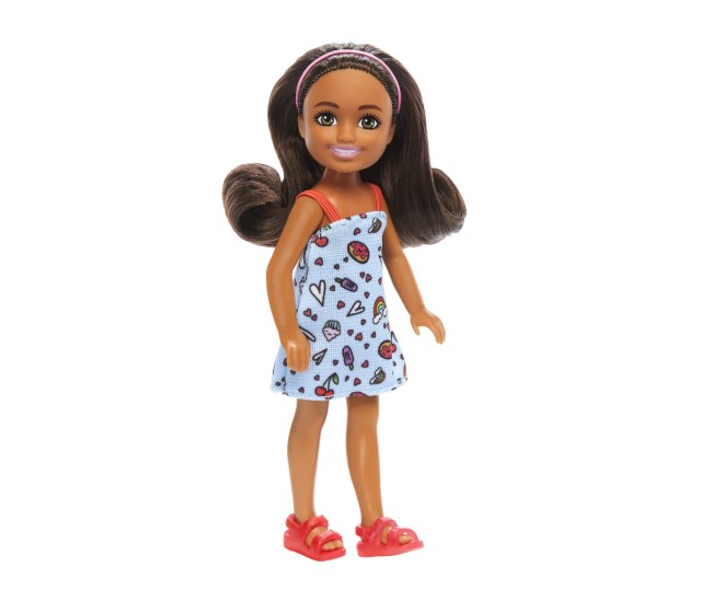 Barbie papusa chelsea creola cu par saten si rochita albastra