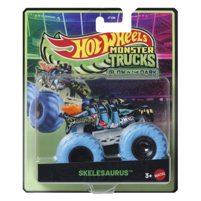 Hot wheels monster truck glow in the dark masinuta skelesaurus scara 1 la 64