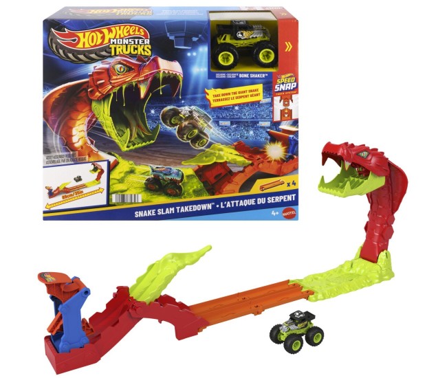 Hot wheels monster truck set de joaca pista invinge sarpele urias cu masinuta bone shaker inclusa