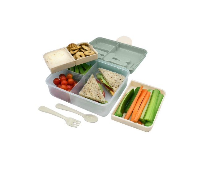 Cutie pranz bento 2 nivele cu tacamuri melii flori albastre