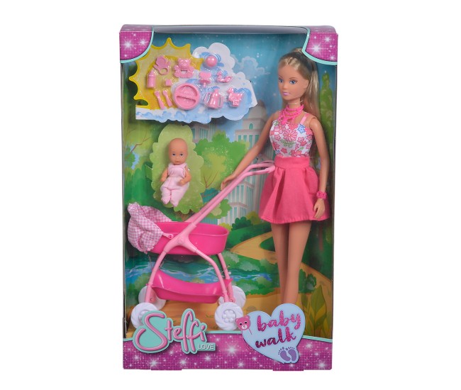 Papusa steffi in rochita roz si cu carucior bebe Papusa steffi in rochita roz si cu carucior bebe