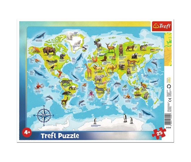 Puzzle 25 plansa harta lumii cu animale Puzzle 25 plansa harta lumii cu animale