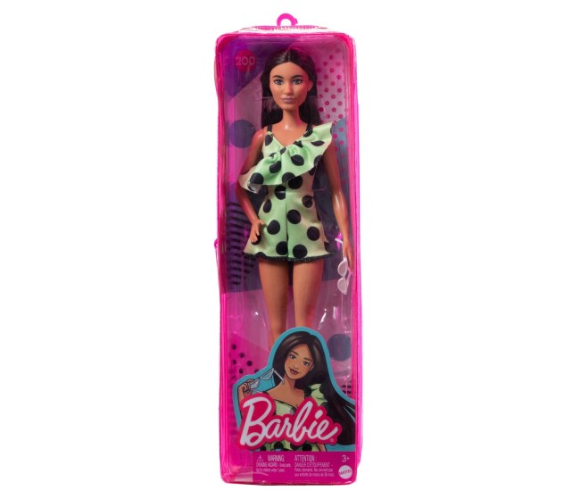 Papusa barbie fashionista bruneta cu salopeta verde