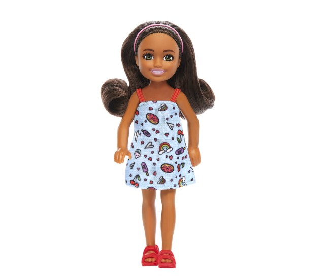 Barbie papusa chelsea creola cu par saten si rochita albastra