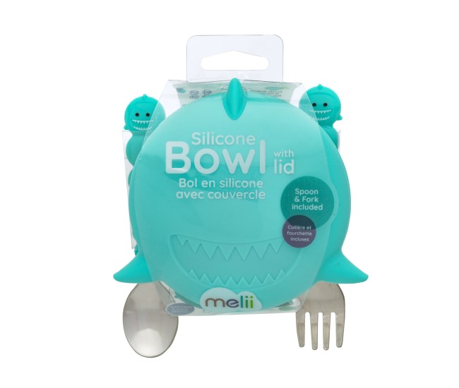 Castronel silicon cu capac si tacamuri, melii, model rechin