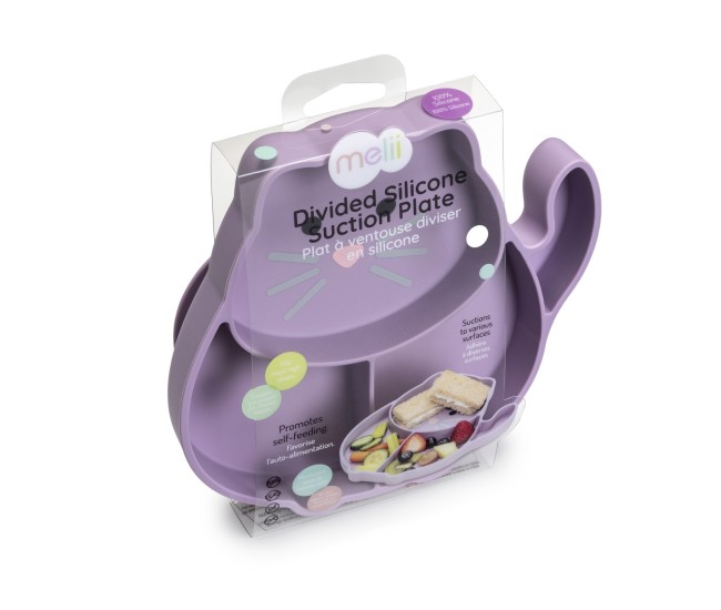 Farfurie compartimentata din silicon cu ventuza, melii, pisica