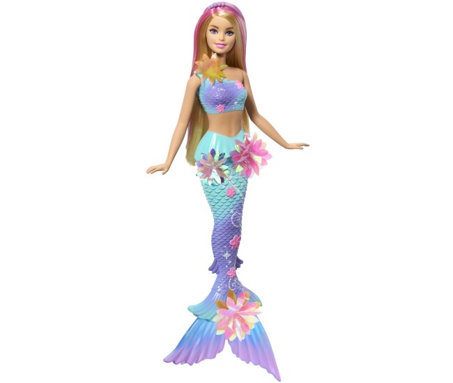 Barbie papusa sirena floare magica cu par blond si coada albastra