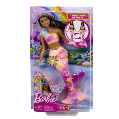 Barbie papusa sirena floarea magica cu par brunet si coada roz