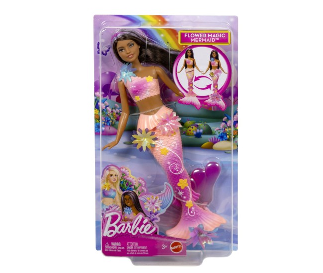Barbie papusa sirena floarea magica cu par brunet si coada roz Barbie papusa sirena floarea magica cu par brunet si coada roz