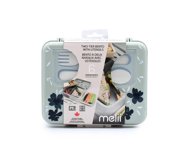 Cutie pranz bento 2 nivele cu tacamuri melii flori albastre