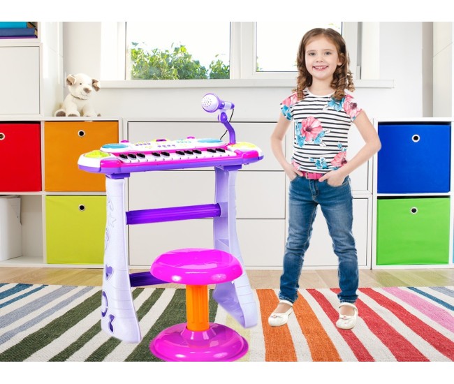 Instrument muzical pianina electronica malplay cu scaun si microfon 45 cm inaltime roz Instrument muzical pianina electronica malplay cu scaun si microfon 45 cm inaltime roz