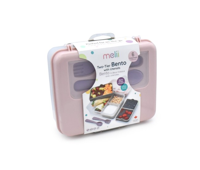 Cutie pranz bento 2 nivele cu tacamuri melii roz mov gri Cutie pranz bento 2 nivele cu tacamuri melii roz mov gri