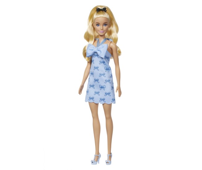 Barbie fashionistas papusa barbie blonda cu rochie albastra cu fundite Barbie fashionistas papusa barbie blonda cu rochie albastra cu fundite