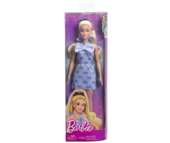 Barbie fashionistas papusa barbie blonda cu rochie albastra cu fundite Barbie fashionistas papusa barbie blonda cu rochie albastra cu fundite