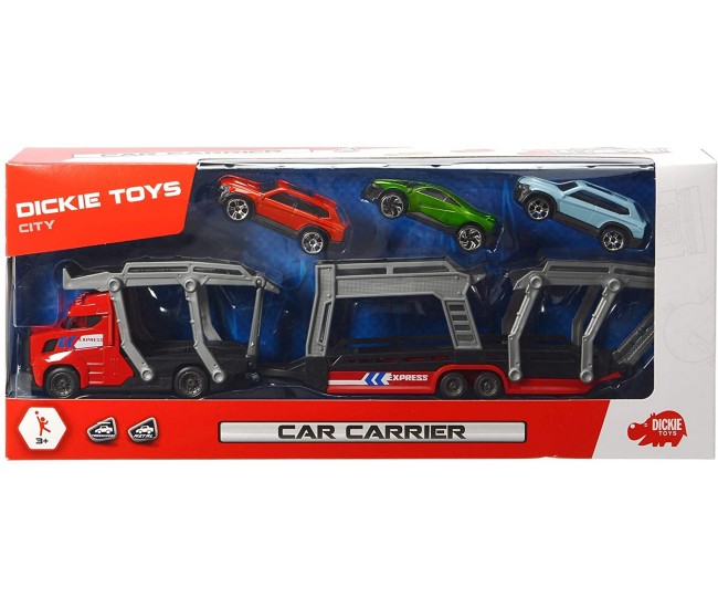 Set trailer 28cm cu 3 masinute metalice - rosu Set trailer 28cm cu 3 masinute metalice - rosu