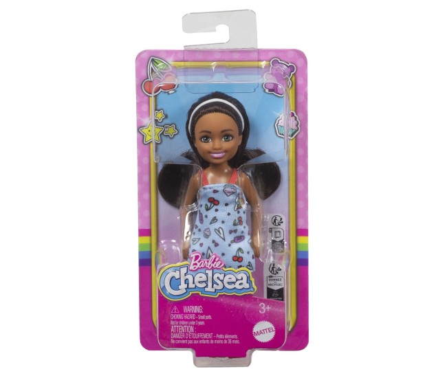 Barbie papusa chelsea creola cu par saten si rochita albastra