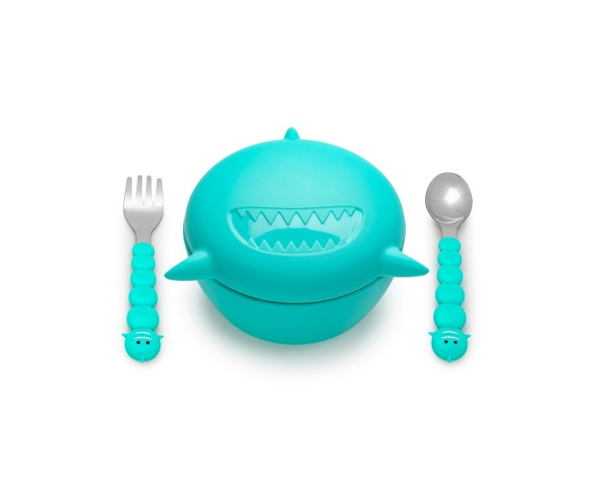 Castronel silicon cu capac si tacamuri, melii, model rechin