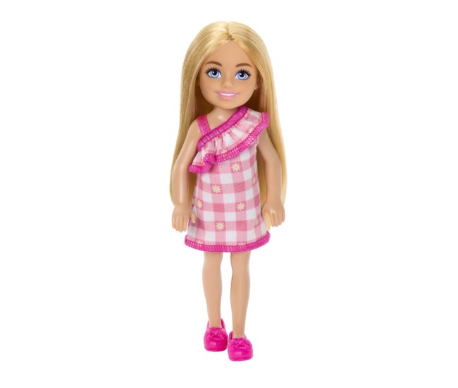 Barbie papusa chelsea blonda cu rochita roz in carouri Barbie papusa chelsea blonda cu rochita roz in carouri