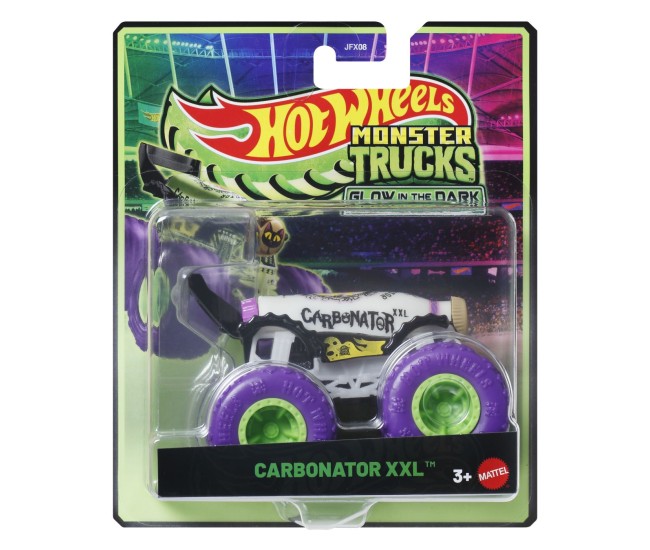 Hot wheels monster truck glow in the dark masinuta carbonator xxl cu roti mov scara 1 la 64