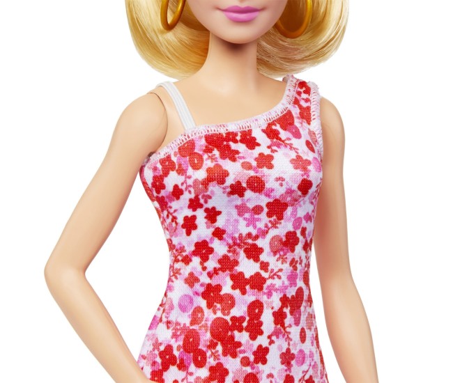 Barbie papusa barbie fashionista blonda cu parul prins in coada si rochie cu floricele Barbie papusa barbie fashionista blonda cu parul prins in coada si rochie cu floricele