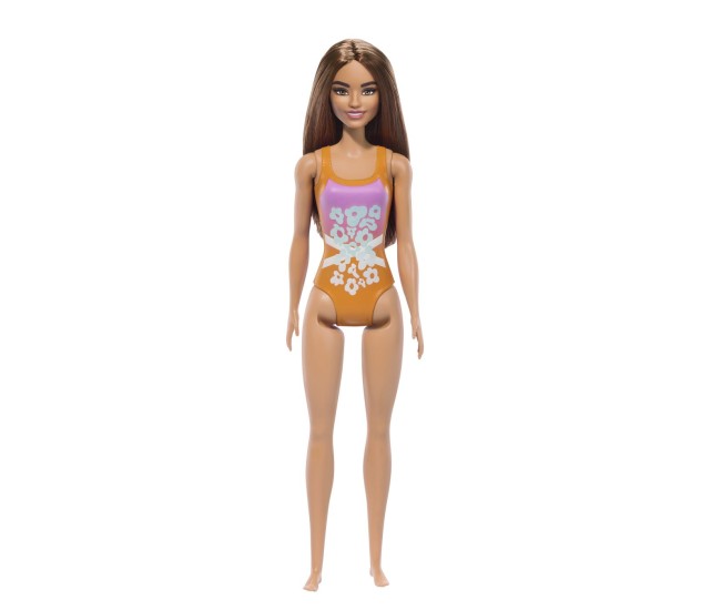 Papusa barbie bruneta cu costum de baie inflorat