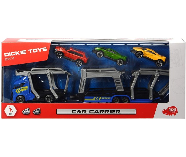 Set trailer 28cm cu 3 masinute metalice - albastru Set trailer 28cm cu 3 masinute metalice - albastru