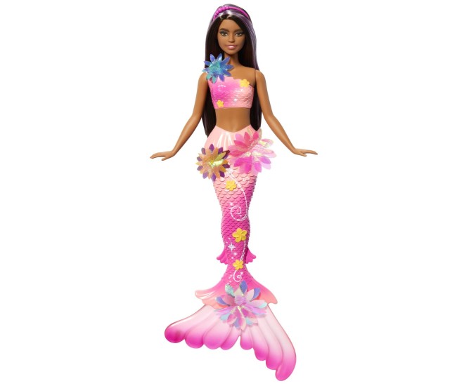 Barbie papusa sirena floarea magica cu par brunet si coada roz Barbie papusa sirena floarea magica cu par brunet si coada roz