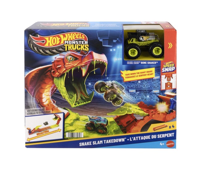 Hot wheels monster truck set de joaca pista invinge sarpele urias cu masinuta bone shaker inclusa