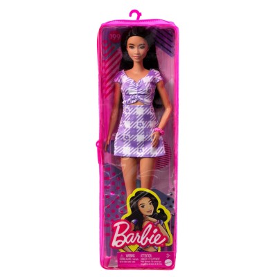 Papusa barbie fashionista bruneta cu rochie mov