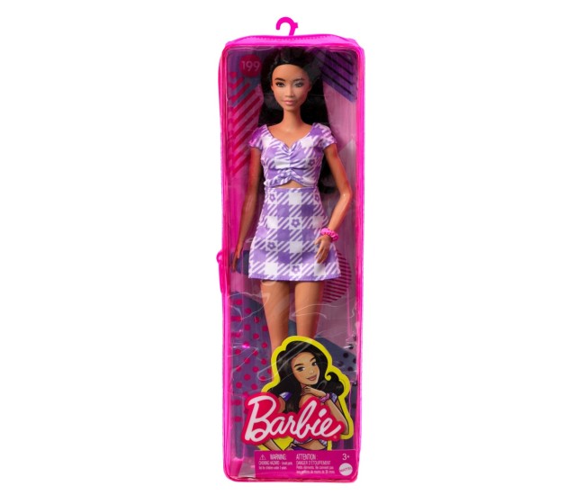 Papusa barbie fashionista bruneta cu rochie mov Papusa barbie fashionista bruneta cu rochie mov