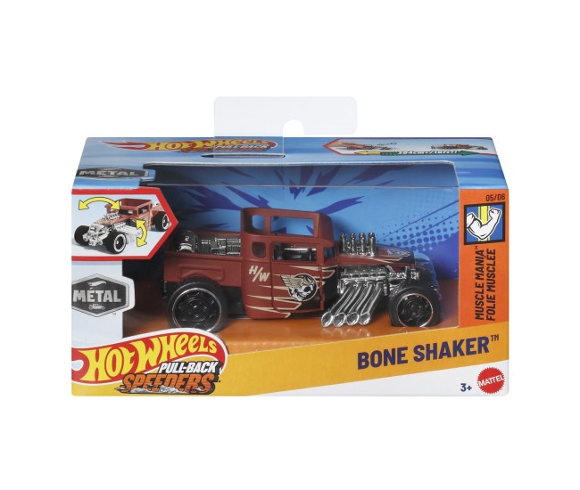 Hot wheels masinuta metalica cu sistem pull back bone shaker muscle mania scara 1 la 43 Hot wheels masinuta metalica cu sistem pull back bone shaker muscle mania scara 1 la 43