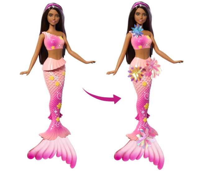 Barbie papusa sirena floarea magica cu par brunet si coada roz Barbie papusa sirena floarea magica cu par brunet si coada roz
