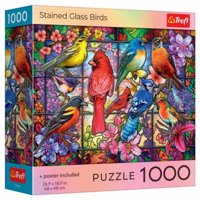 Puzzle trefl 1000 pasari din vitraliu cu poster inclus Puzzle trefl 1000 pasari din vitraliu cu poster inclus