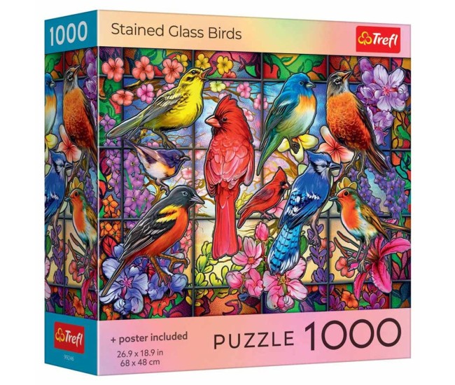 Puzzle trefl 1000 pasari din vitraliu cu poster inclus Puzzle trefl 1000 pasari din vitraliu cu poster inclus