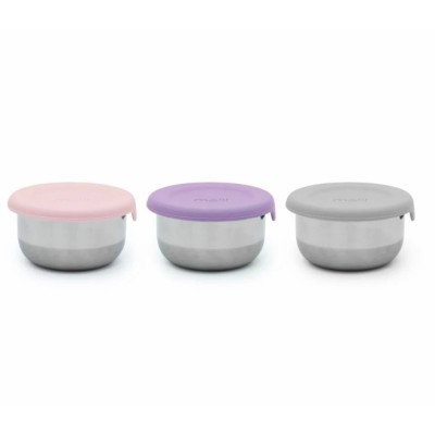 Set 3 recipiente mini inox cu capac silicon, melii, roz mov gri Set 3 recipiente mini inox cu capac silicon, melii, roz mov gri