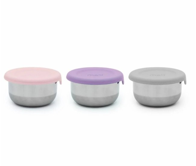 Set 3 recipiente mini inox cu capac silicon, melii, roz mov gri Set 3 recipiente mini inox cu capac silicon, melii, roz mov gri