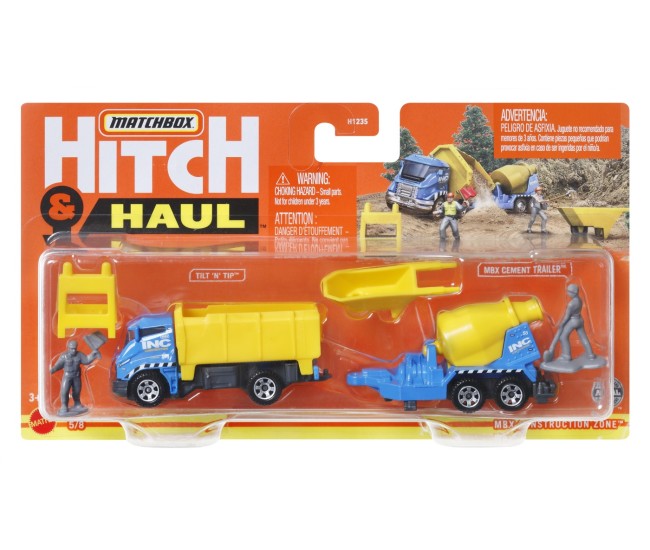 Matchbox hitch&haul set 2 vehicule mbx construction zone tilt n tip mbx cement trailer scara 1:64
