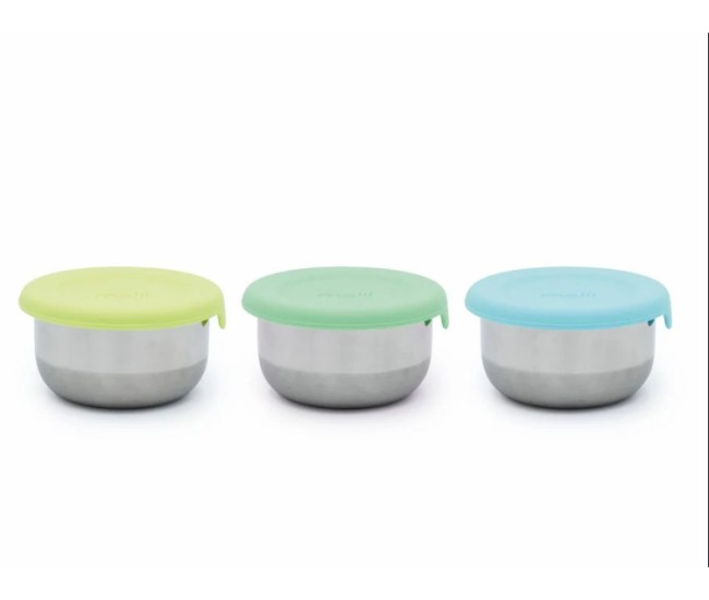 Set 3 recipiente mini inox cu capac silicon, melii, bleu mint lime